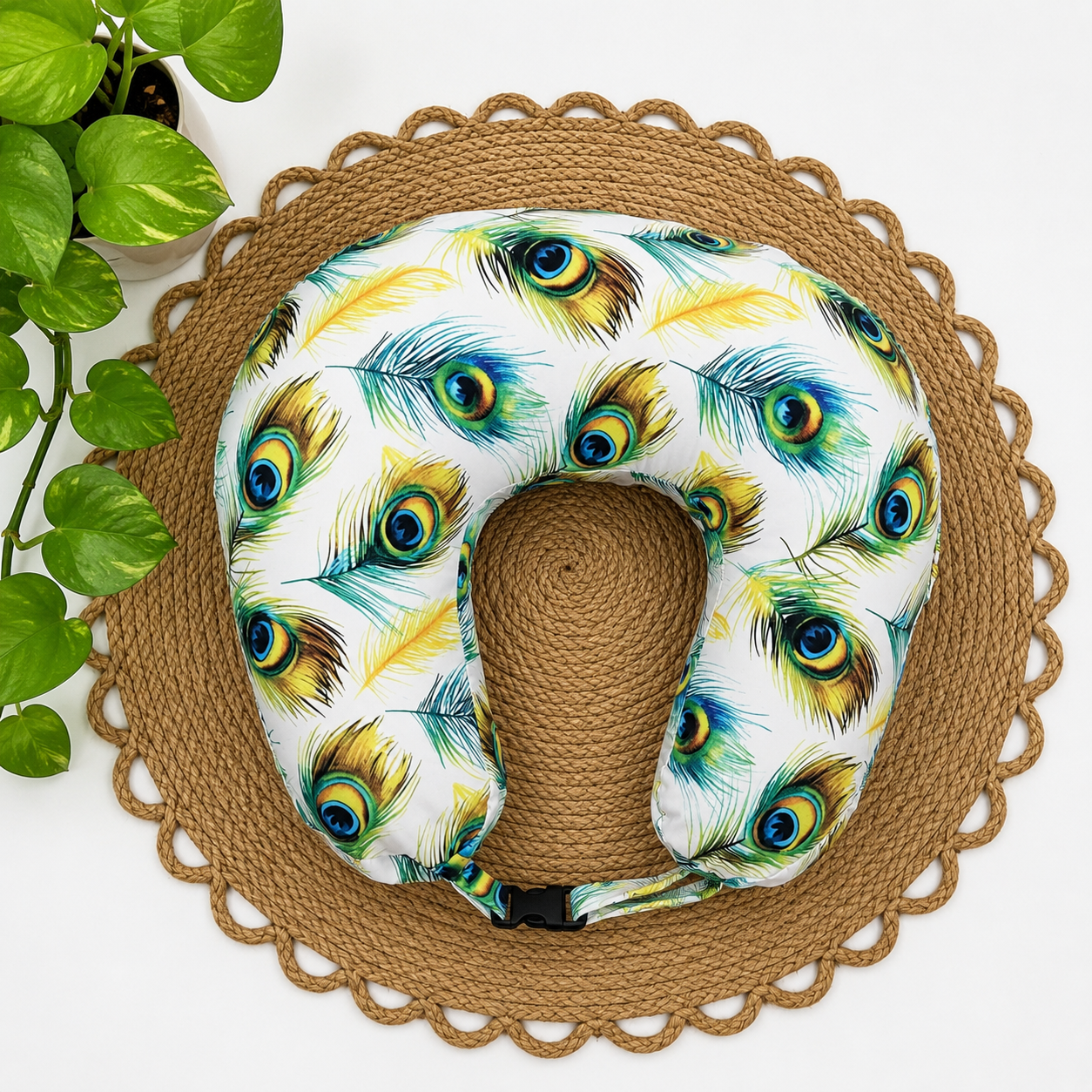 microfibre and pure kapok (ilavam panjju) feeding pillow for new moms (c type feeding pillow)- peacock-feather