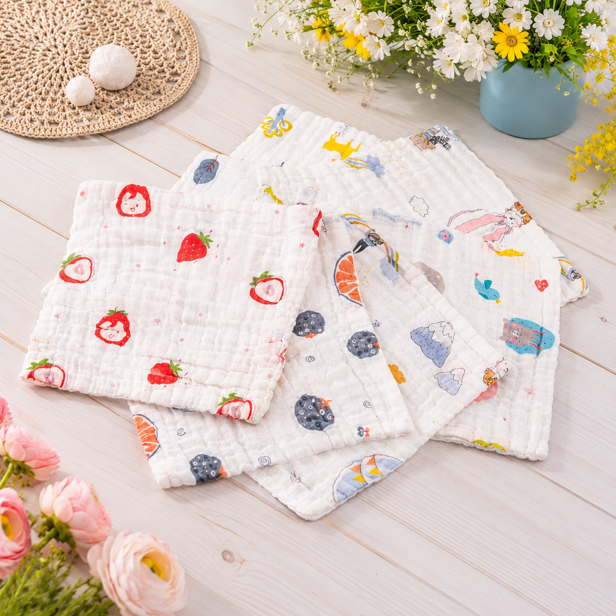 Premium 4 Layer Crinkled Muslin Baby Wash Cloth – Ultra Soft Cotton Face & Burp Cloth,NBE,Combo