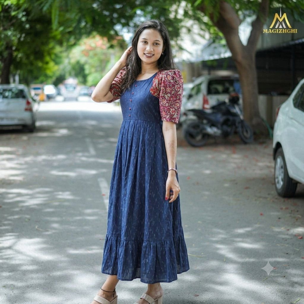 premium cotton ikkat maternity feeding dress with invisible zip-NAVY BLUE