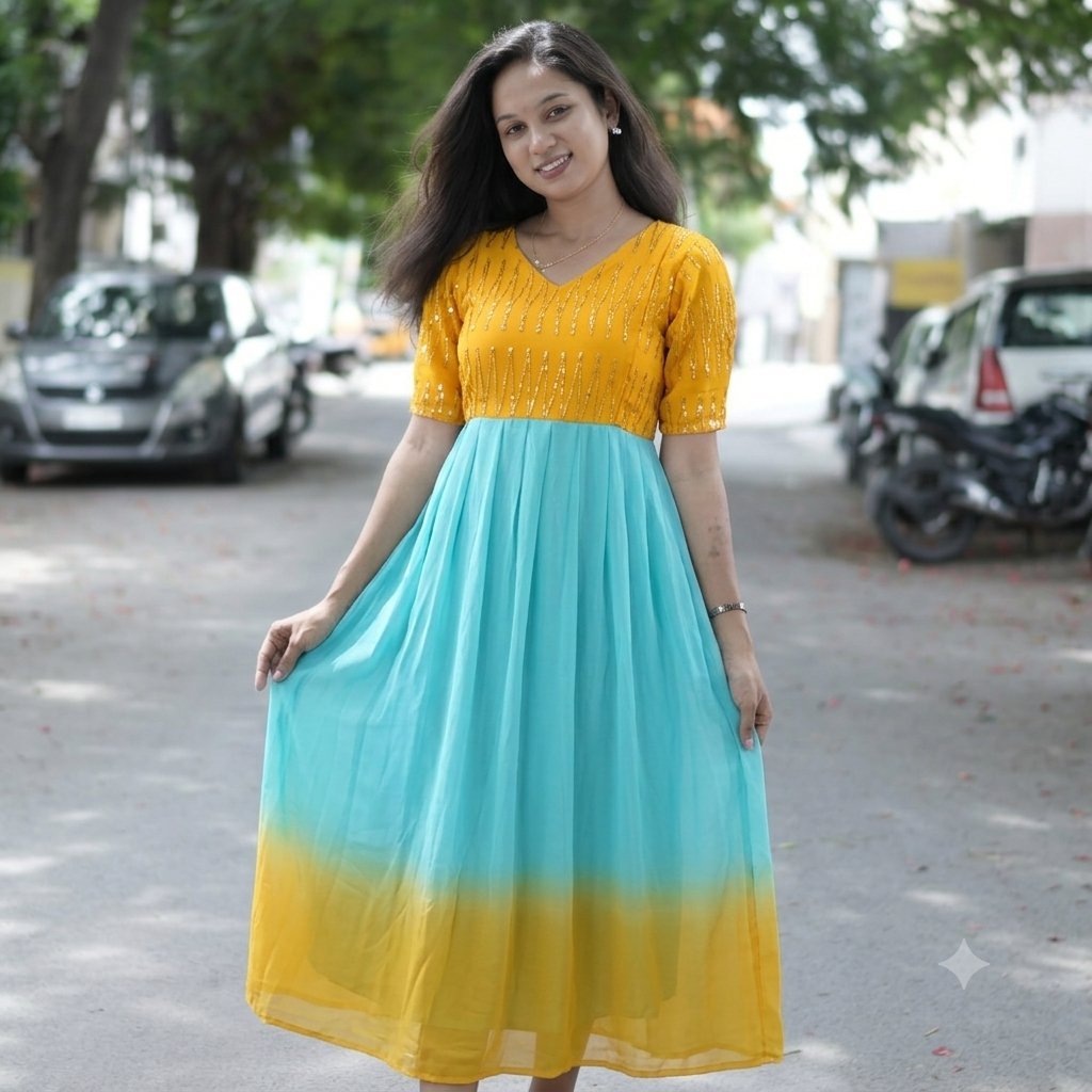 Premium Double Shade Yellow Ombre Maternity & Feeding Dress with Full Lining/Invisible feeding zips