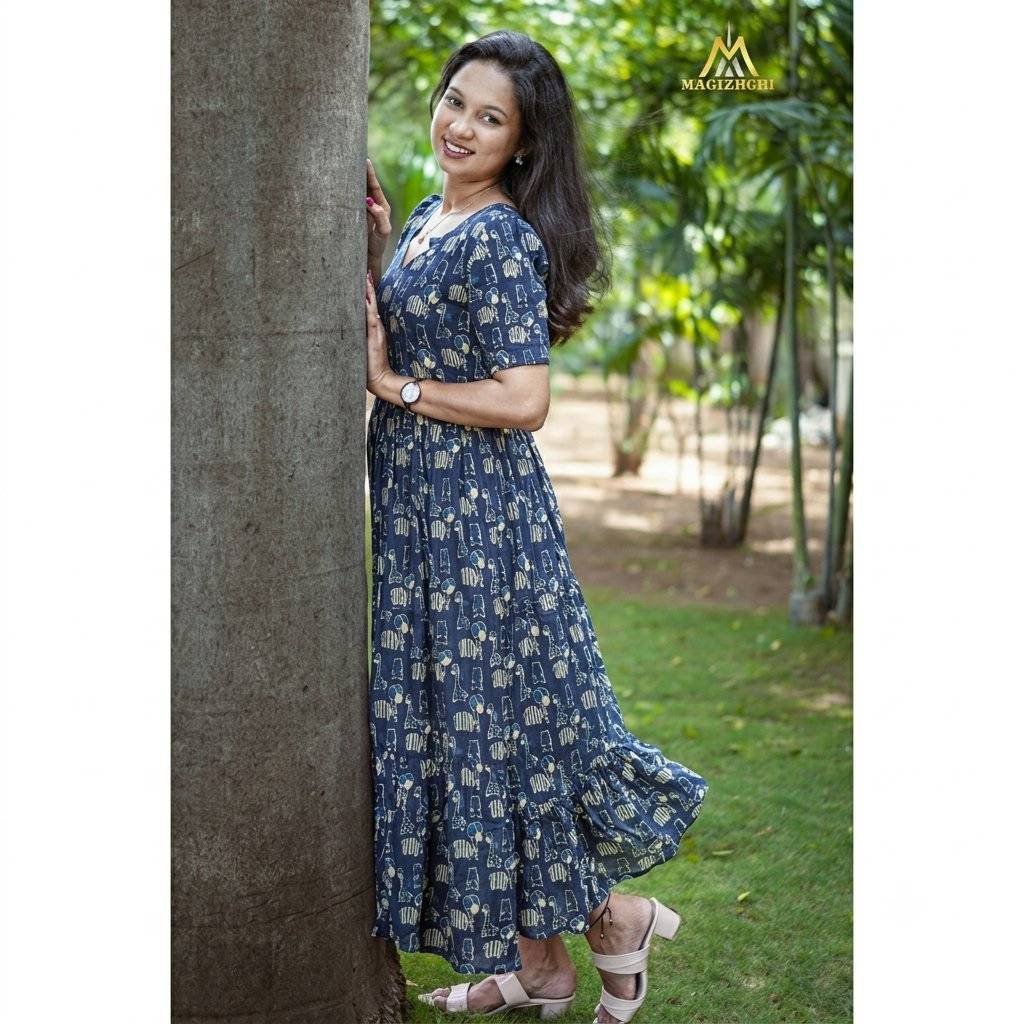 Premium Pure Cotton Indigo Animal Print Feeding Dress for Moms/Boutique-style design for a modern and stylish look.