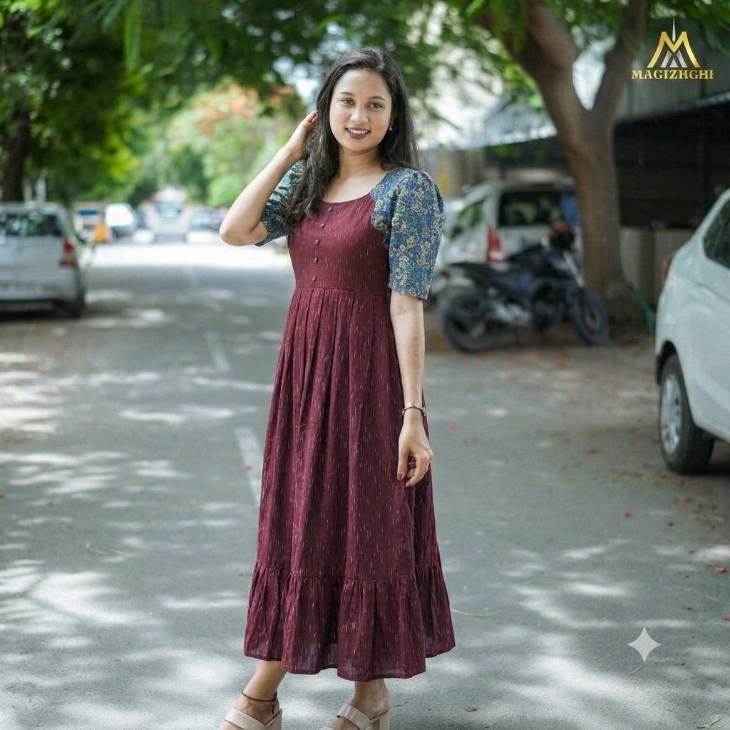 premium cotton ikkat maternity feeding dress with invisible zip-DARK MAROON