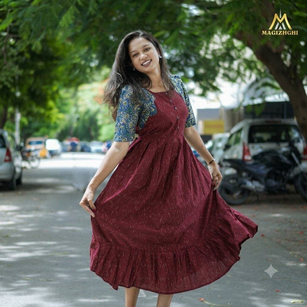 premium cotton ikkat maternity feeding dress with invisible zip-DARK MAROON