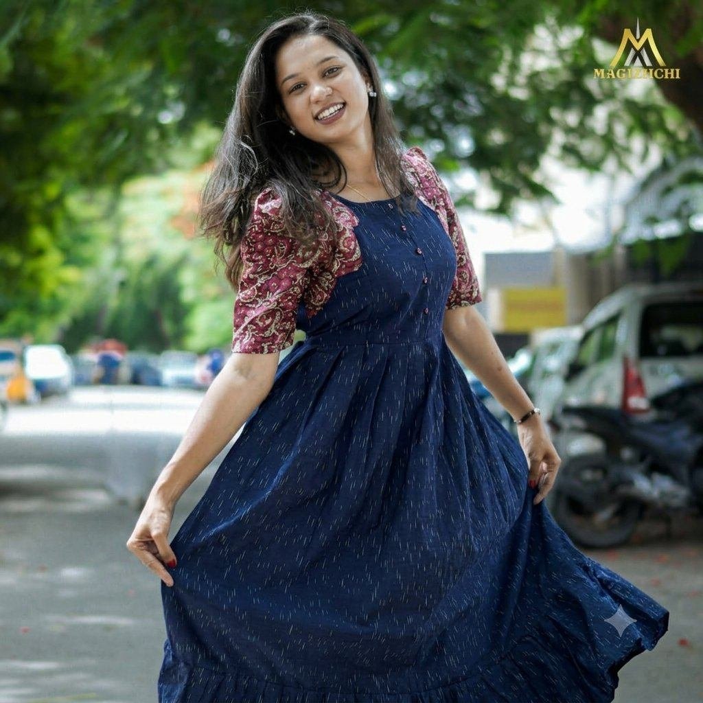 premium cotton Ikkat maternity feeding dress with invisible zip-NAVY BLUE