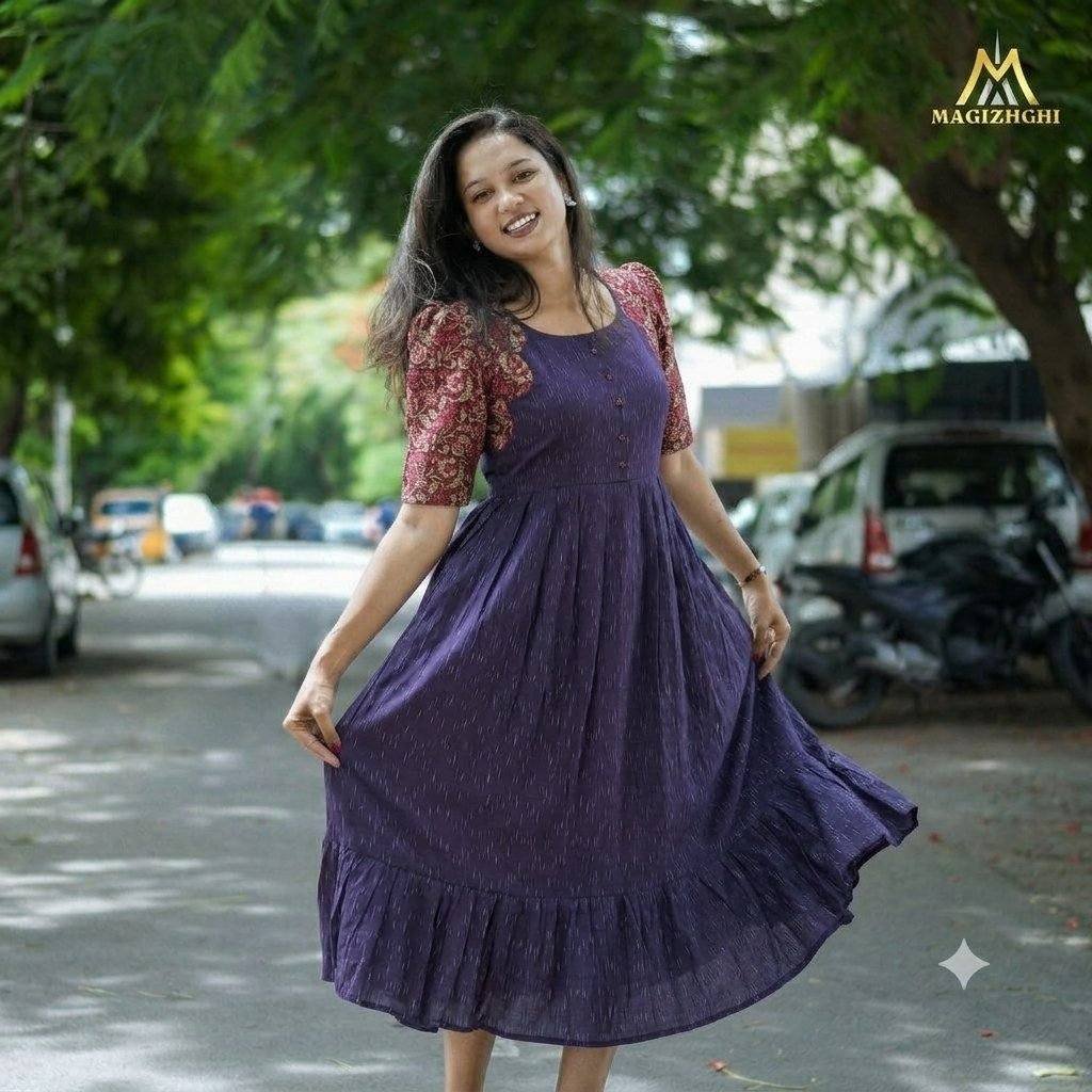Premium cotton Ikkat maternity feeding dress with invisible zip- PURPLE