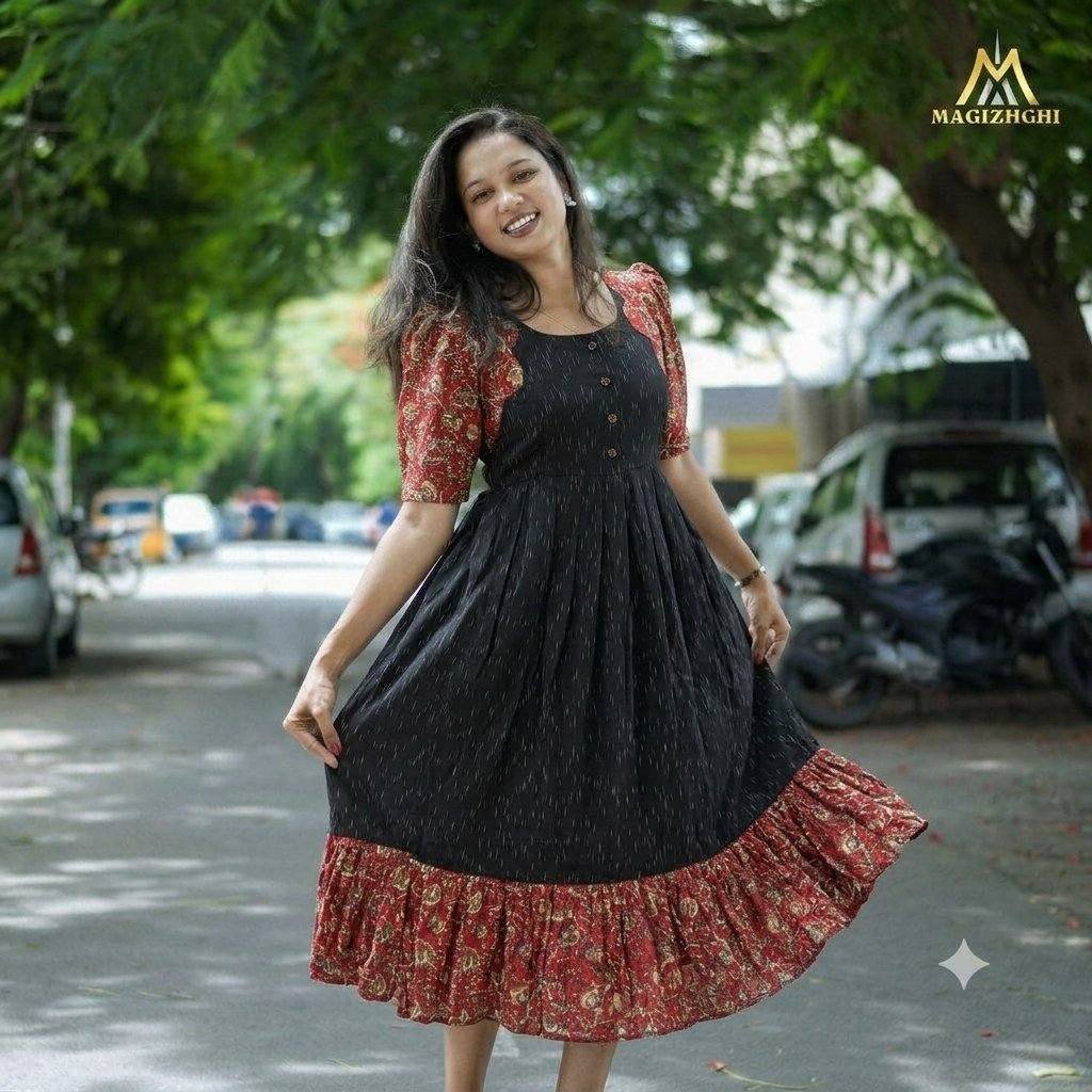 Premium cotton Ikkat maternity feeding dress with invisible zip- BLACK