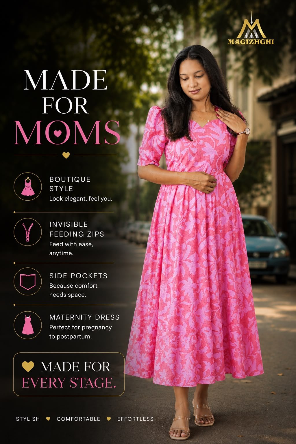 Premium Pink Popcorn Fabric Maternity & Feeding Dress with Full Lining/Invisible Zips