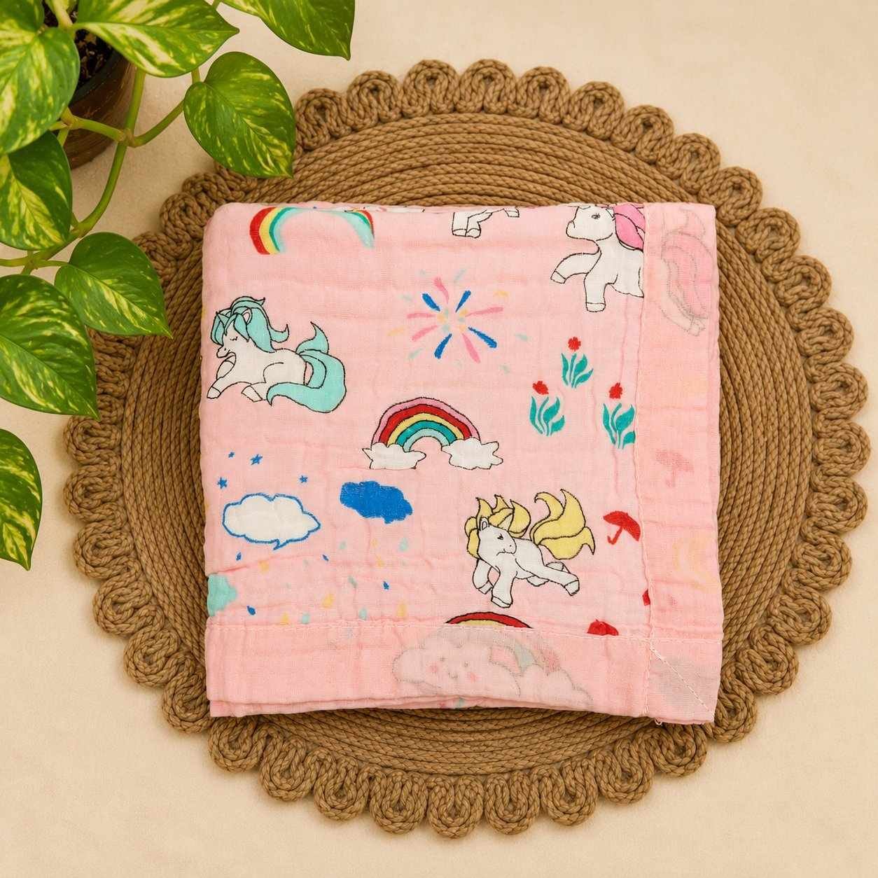 100% cotton muslin baby blanket 6 layer soft blanket muslin blanket for kids baby infants -Pink Unicorn