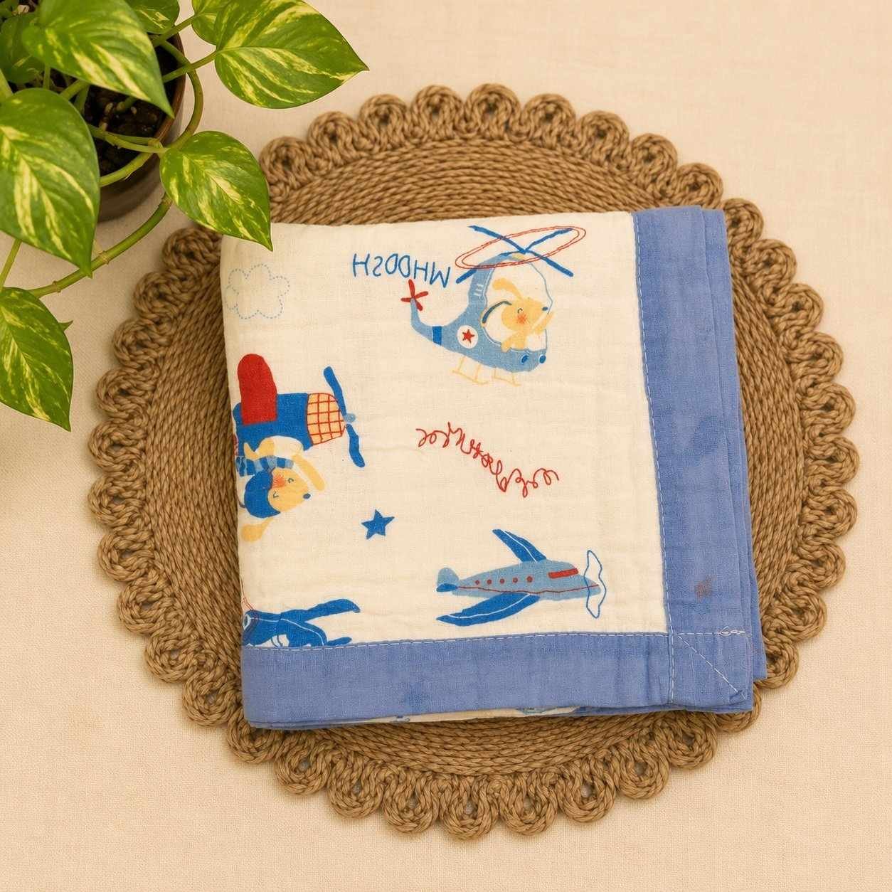 100% cotton muslin baby blanket 6 layer soft blanket muslin blanket for kids baby infants -Blue Airplane