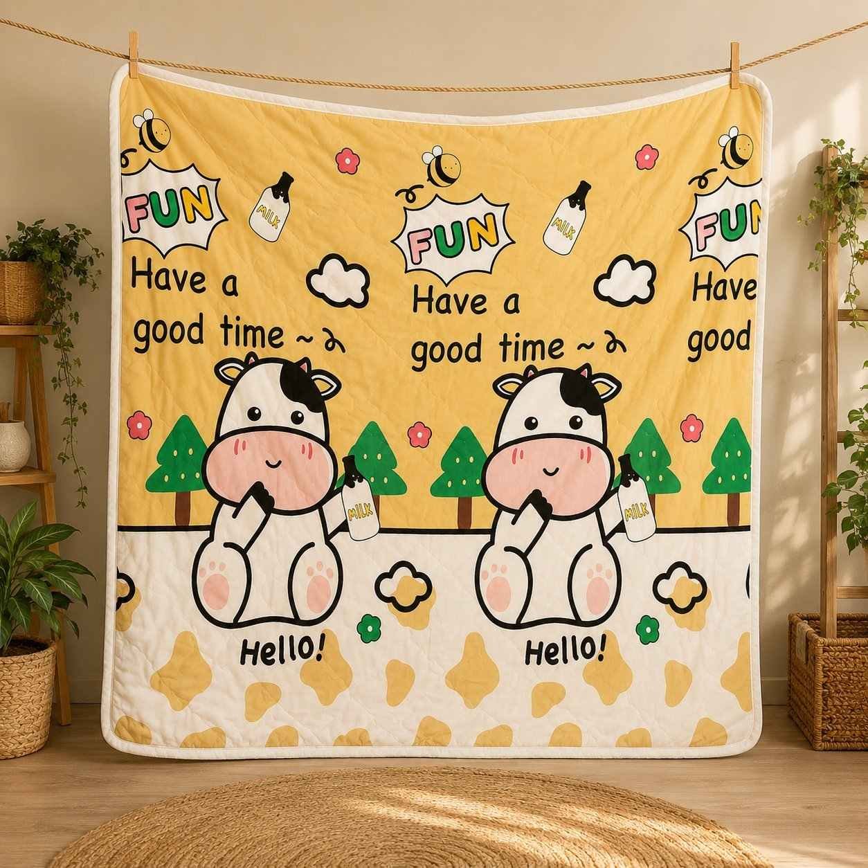 super soft baby blanket with cartoon prints for newborn to 3 years(YELLOW COW)code:nbe,knit