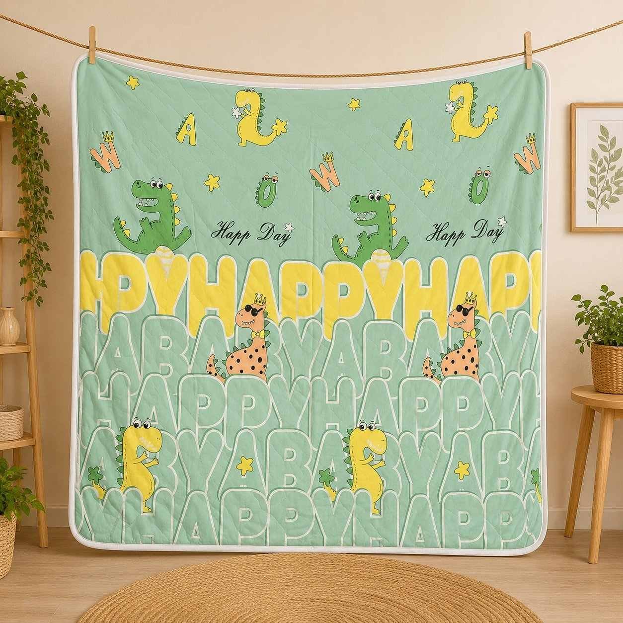 super soft baby blanket with cartoon prints for newborn to 3 years(GREEN DINO)code:nbe,knit