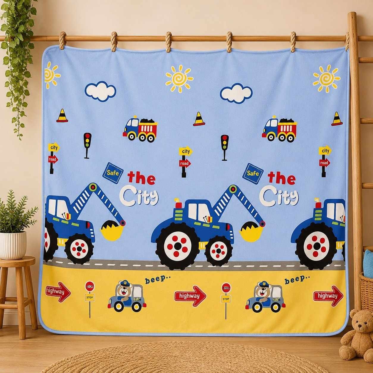 super soft baby blanket with cartoon prints for newborn to 3 years(BLUE TRUCK)code:nbe,knit