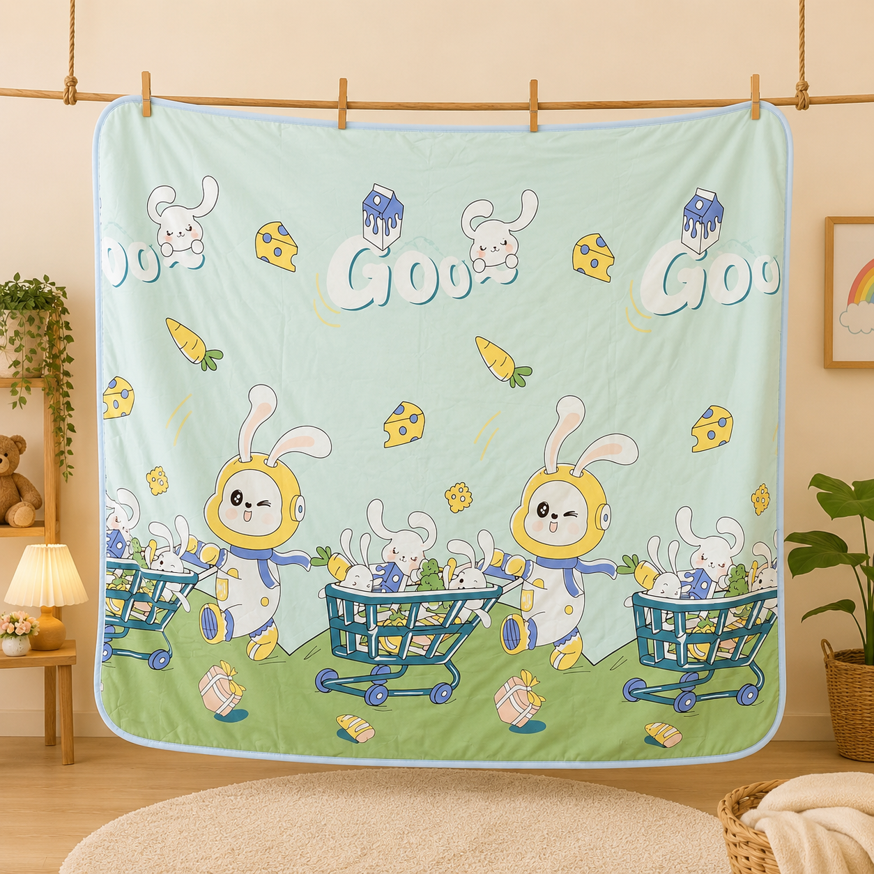 super soft baby blanket with cartoon prints for newborn to 3 years(WHITE BUNNY)code:nbe,knit