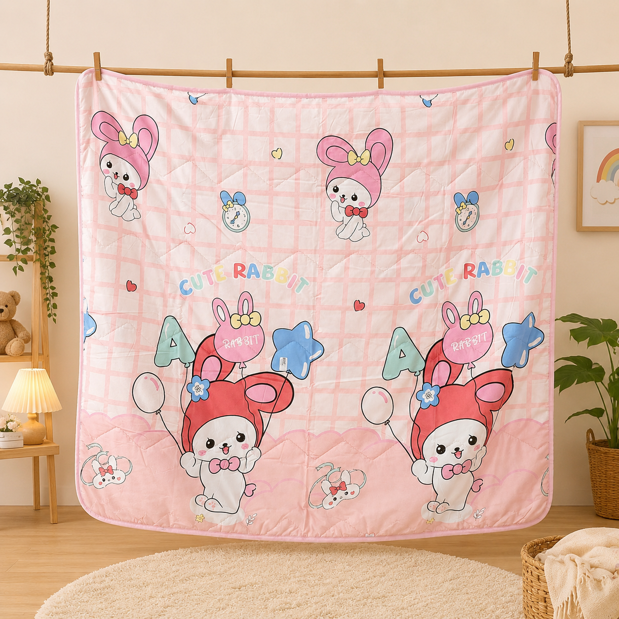 super soft baby blanket with cartoon prints for newborn to 3 years(PINK BUNNY)code:nbe,knit