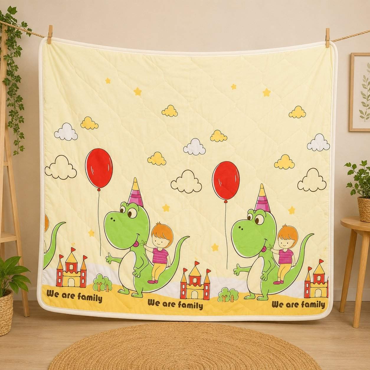 super soft baby blanket with cartoon prints for newborn to 3 years(GREEN DINO WITH BALLOON)code:nbe,knit