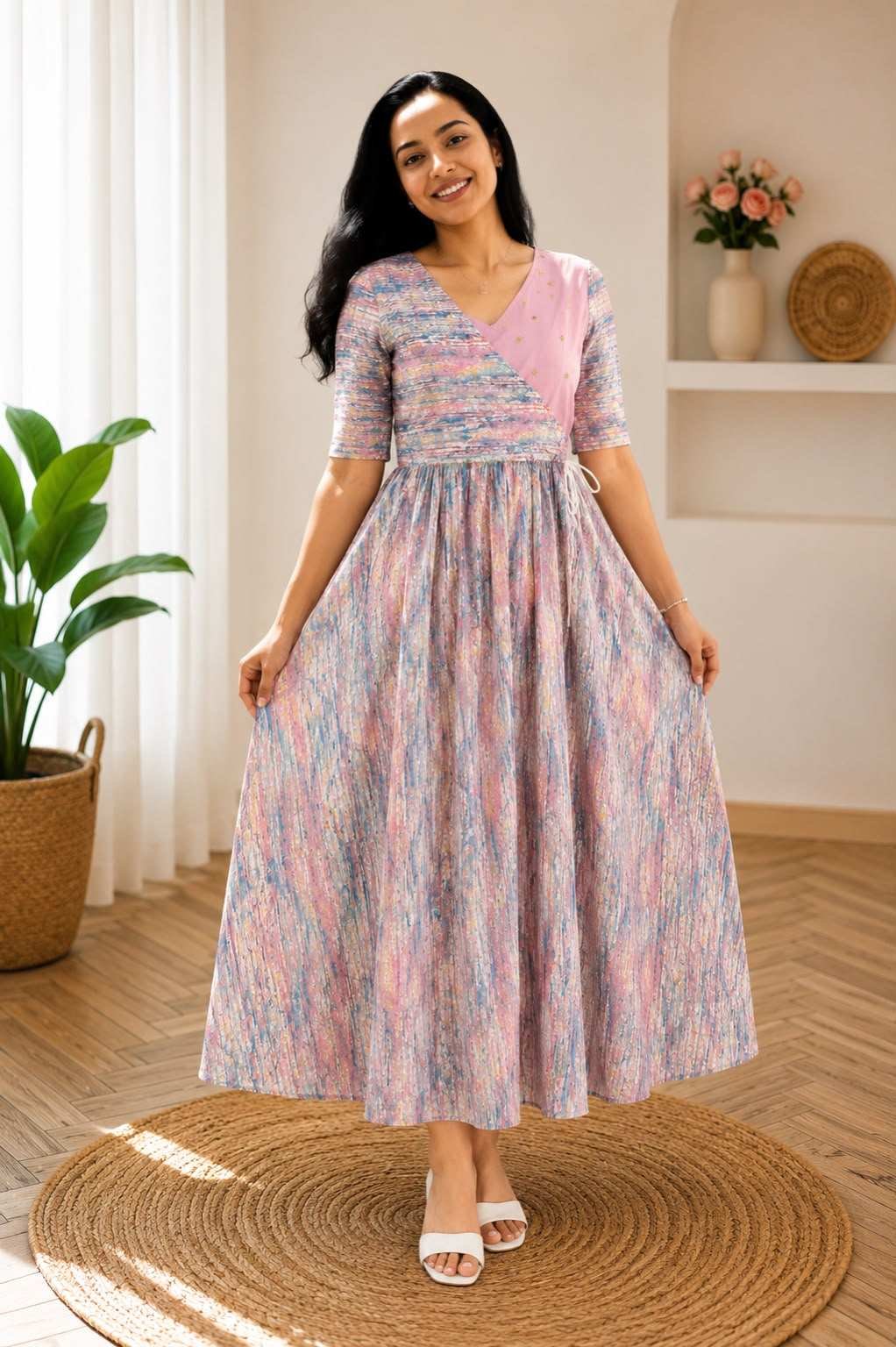 Premium Textured Crossover V-Neck Feeding Dress with Adjustable Waist – Pink Multi