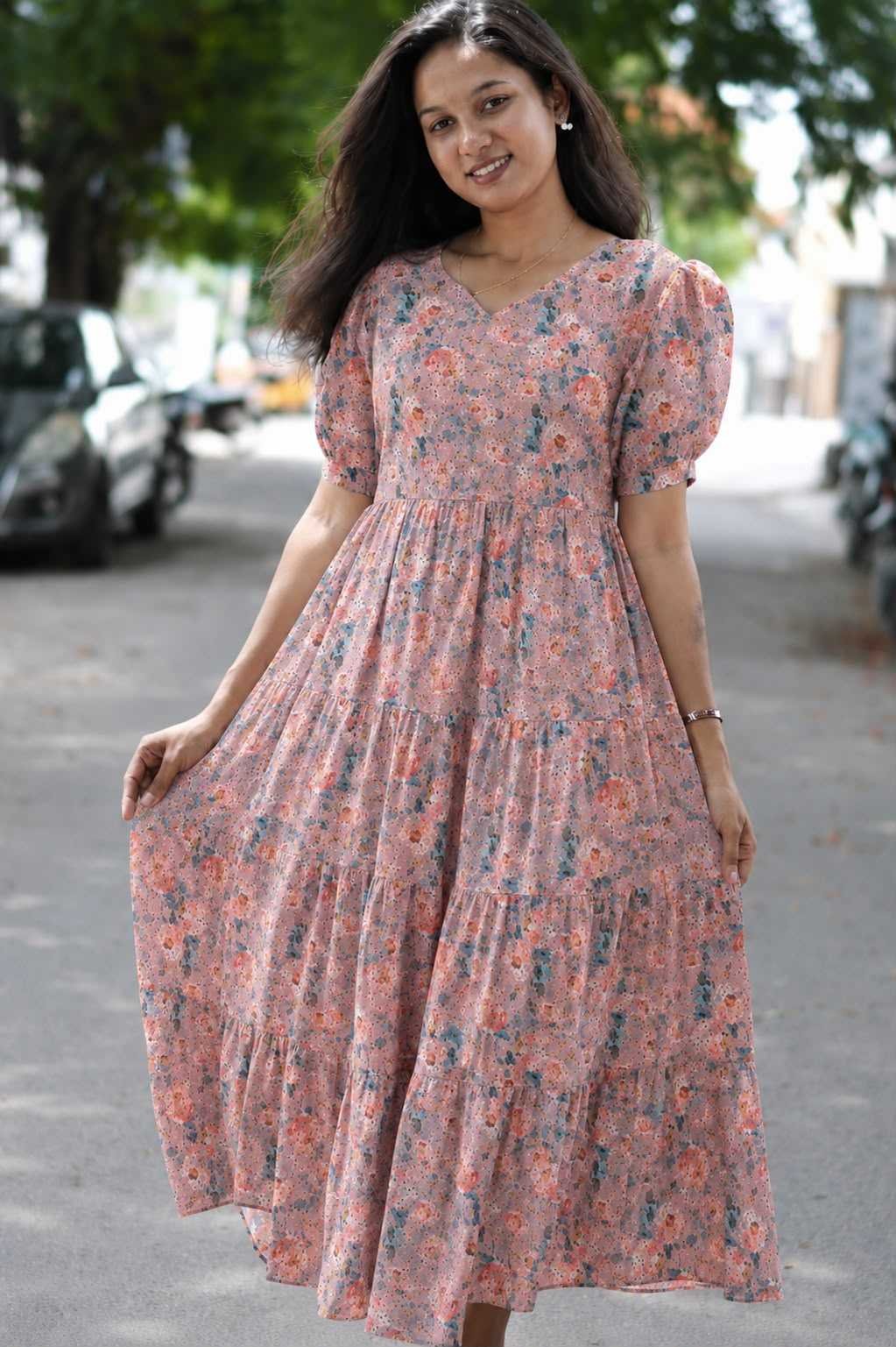 Premium Hakoba Multi Floral Boutique Style Feeding Dress with Puff Sleeves  Product Description (Bullet Format):
