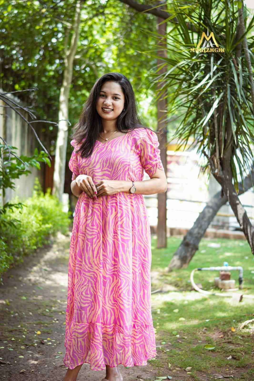 Premium Pink Zebra Georgette Feeding Dress with Full Lining | Boutique Finish/Invisible Zips