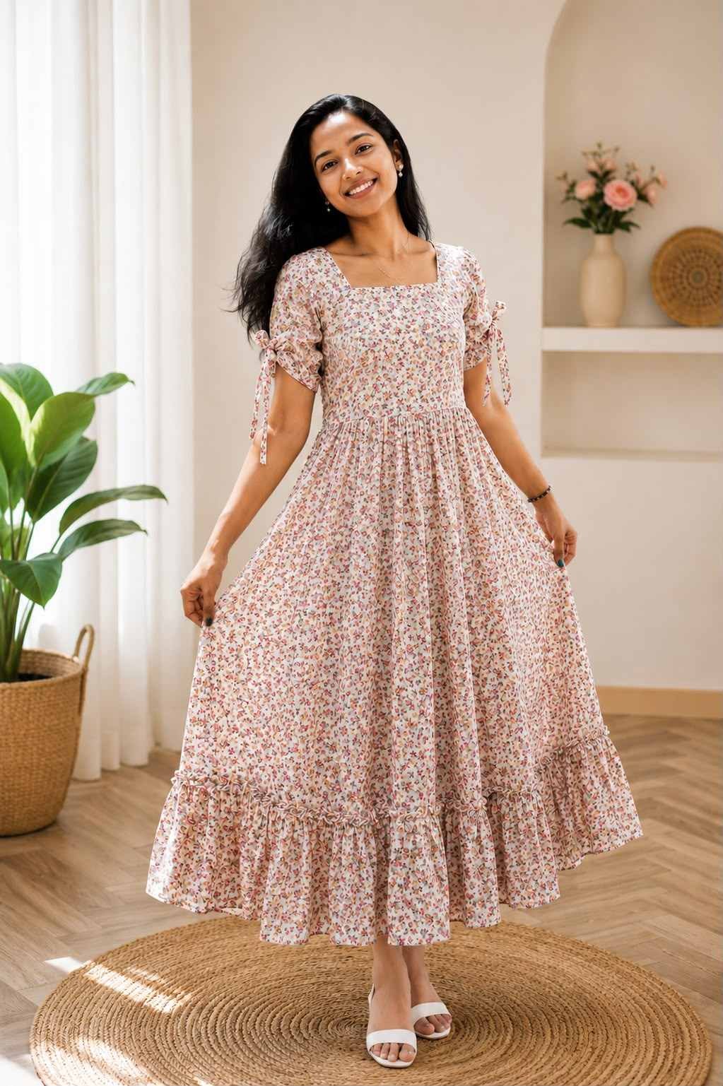 Premium Floral Boutique Style Feeding Dress with Puff Sleeves & Full Lining