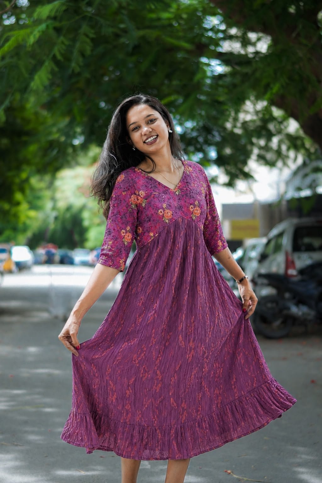 Premium Floral Yoke Feeding Dress with Full Lining – Purple