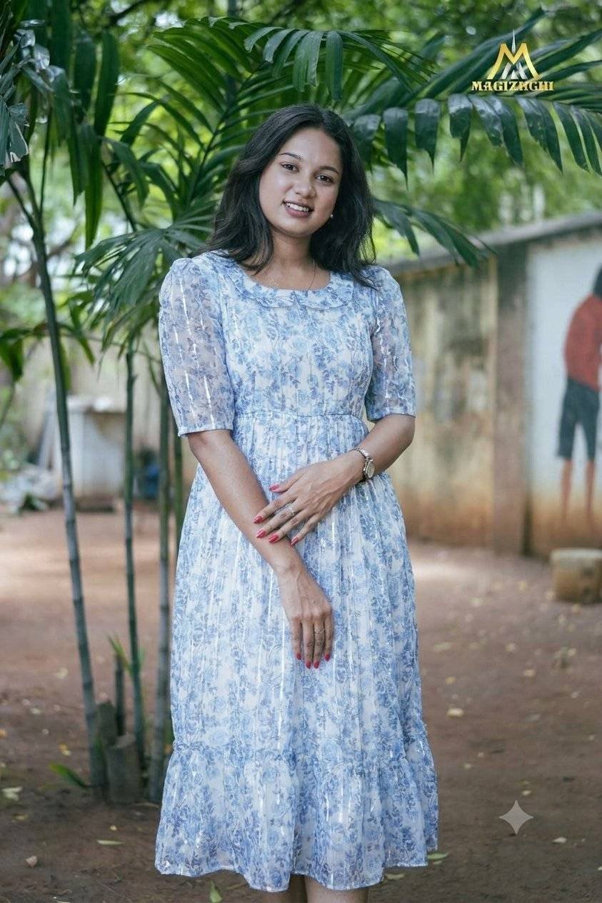 Premium Ice Blue Georgette Boutique Style Feeding Dress with Full Lining, Peter Pan Collar, Pocket & Back Tie-Up