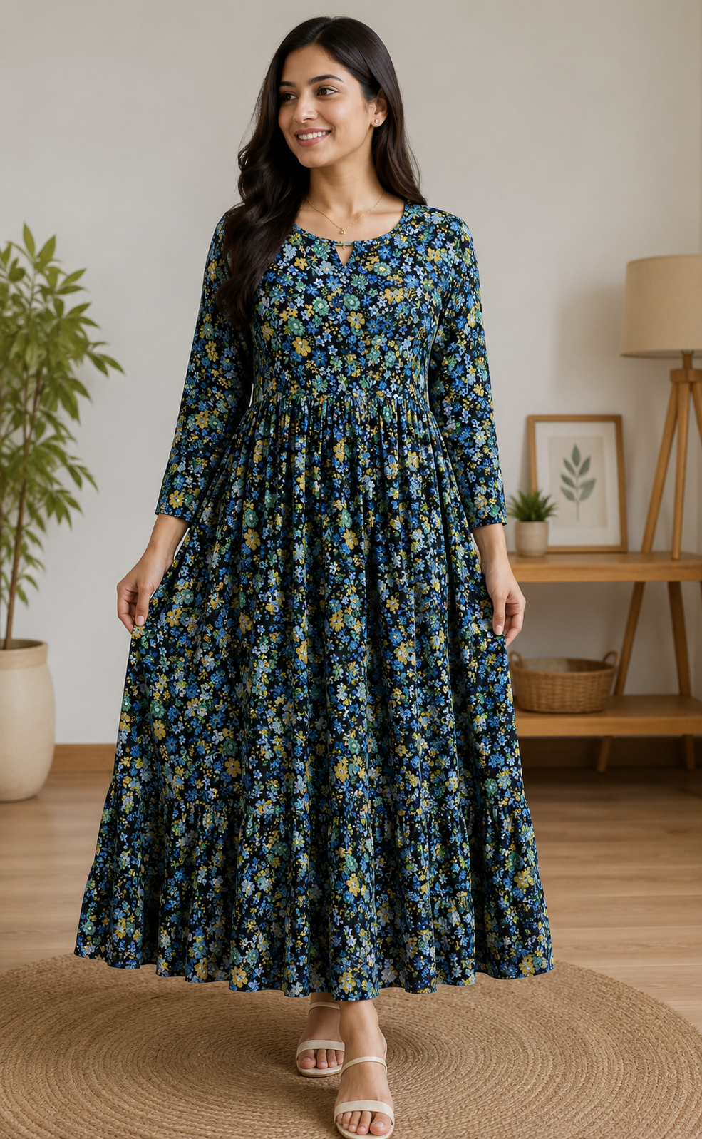Premium Navy Blue Floral Georgette Feeding Dress with 3/4 Sleeve with Pocket & Zip