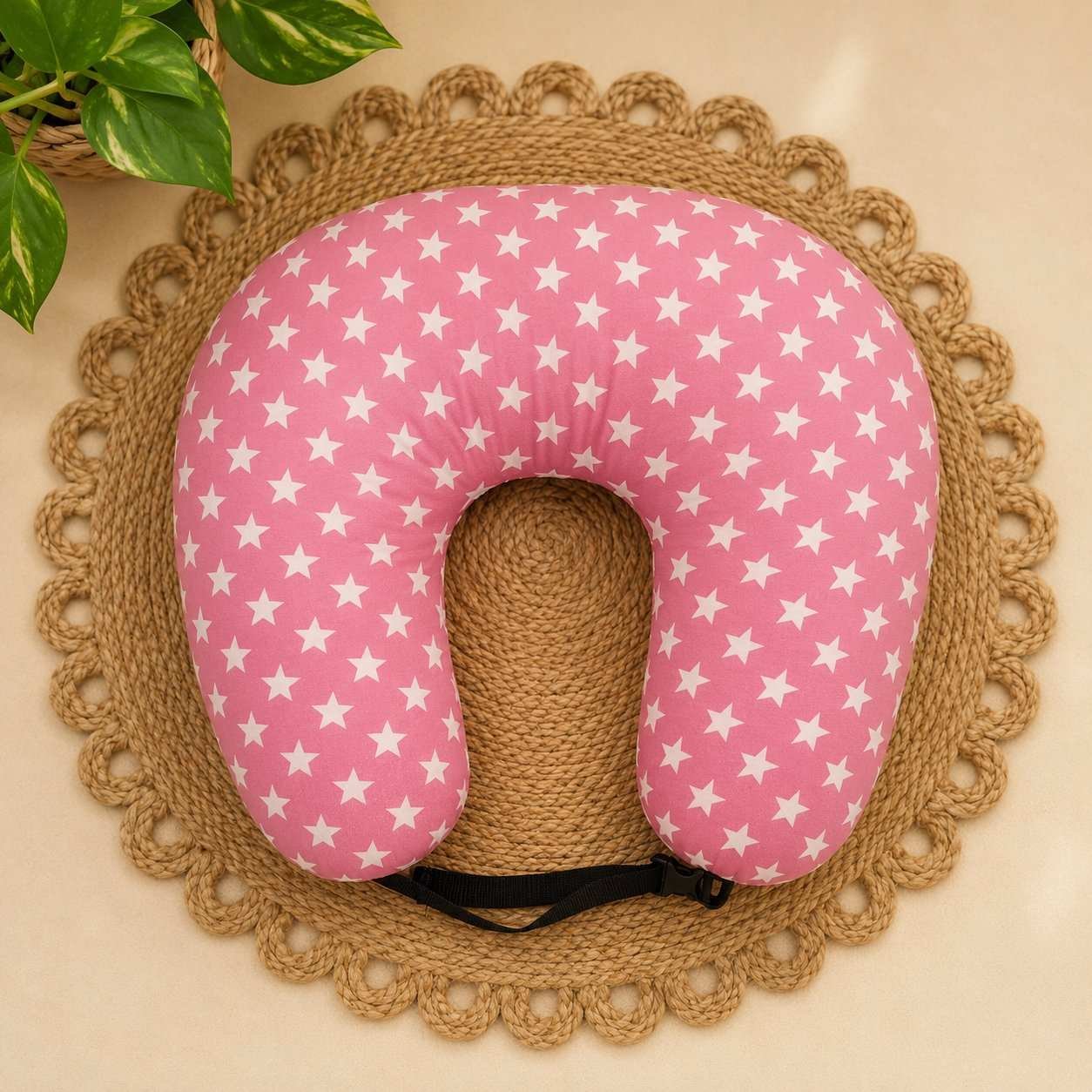 Premium Extra Large C Shape Feeding Pillow with Adjustable Waist Belt & Removable Washable Cover-Pink Star