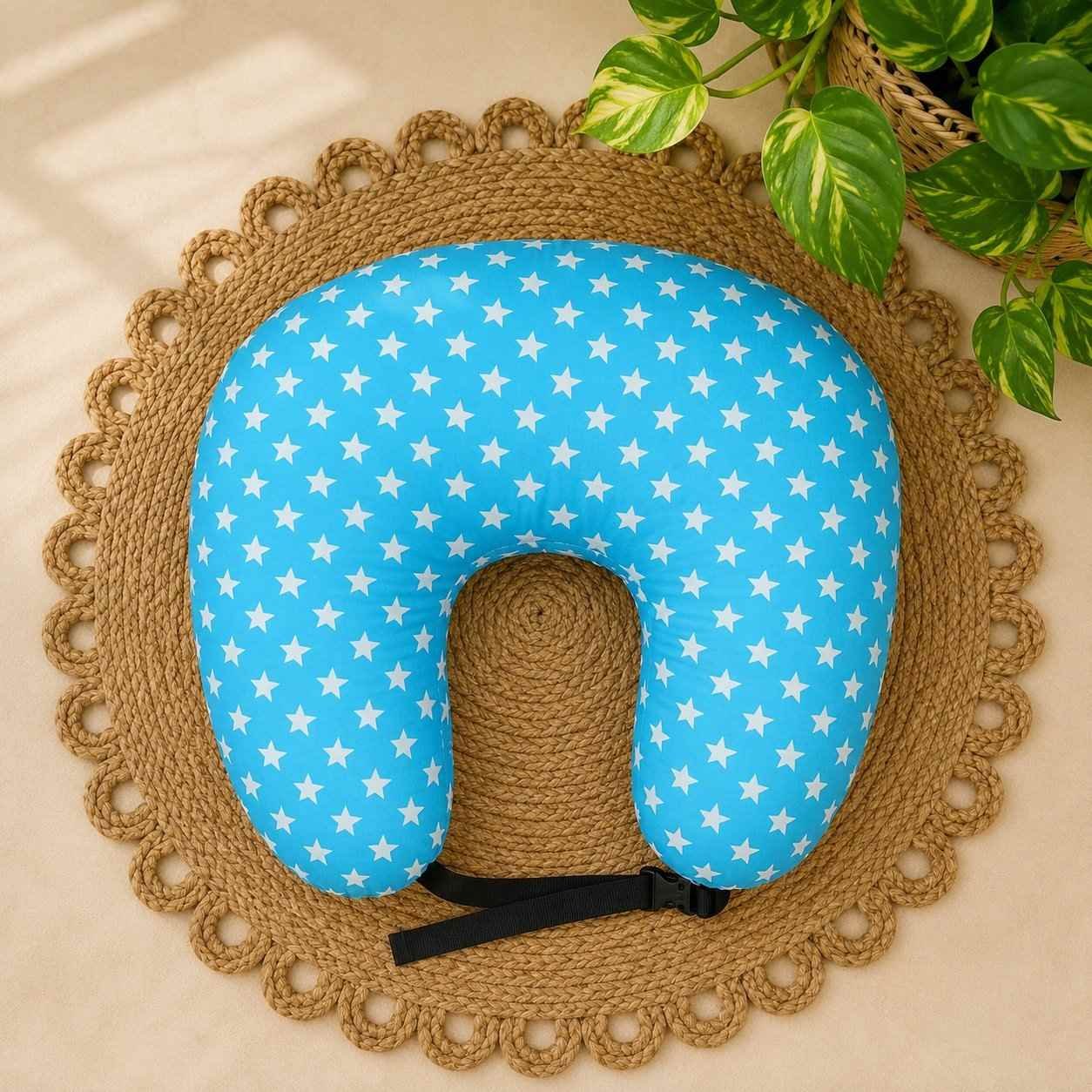premium extra large c shape feeding pillow with adjustable waist belt & removable washable cover-Blue Star