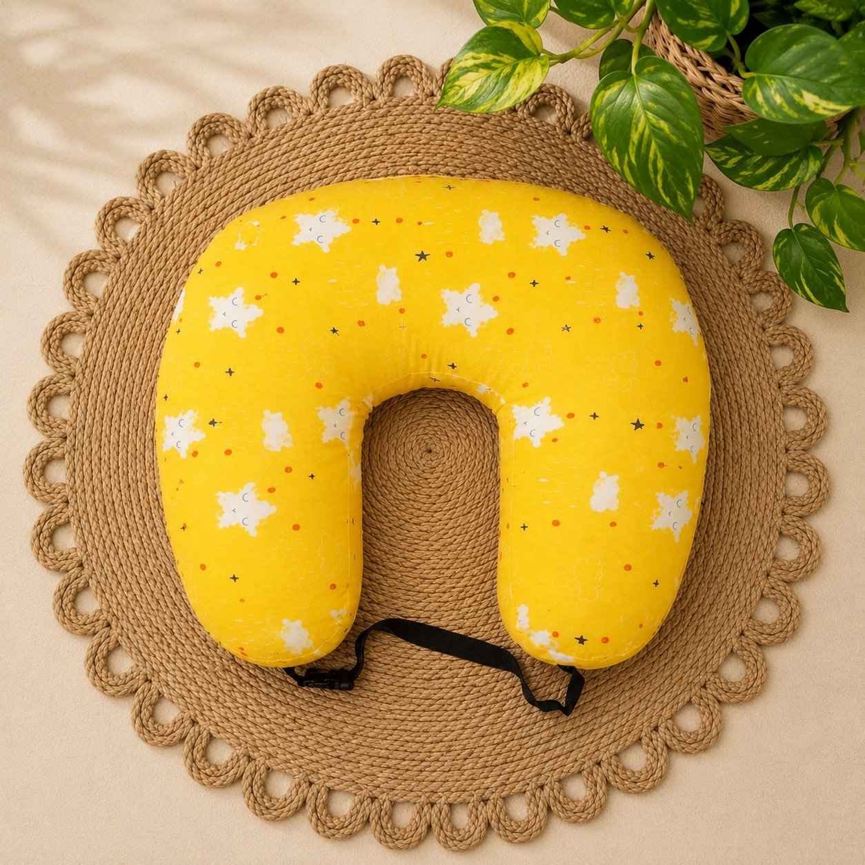 premium extra large c shape feeding pillow with adjustable waist belt & removable washable cover-Yellow Star
