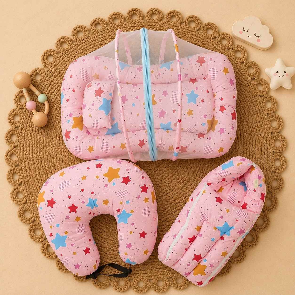 Premium 3 Pcs Combo Set – Cotton Carry Bed, Mosquito Net Bed & Feeding Pillow-PINK STAR