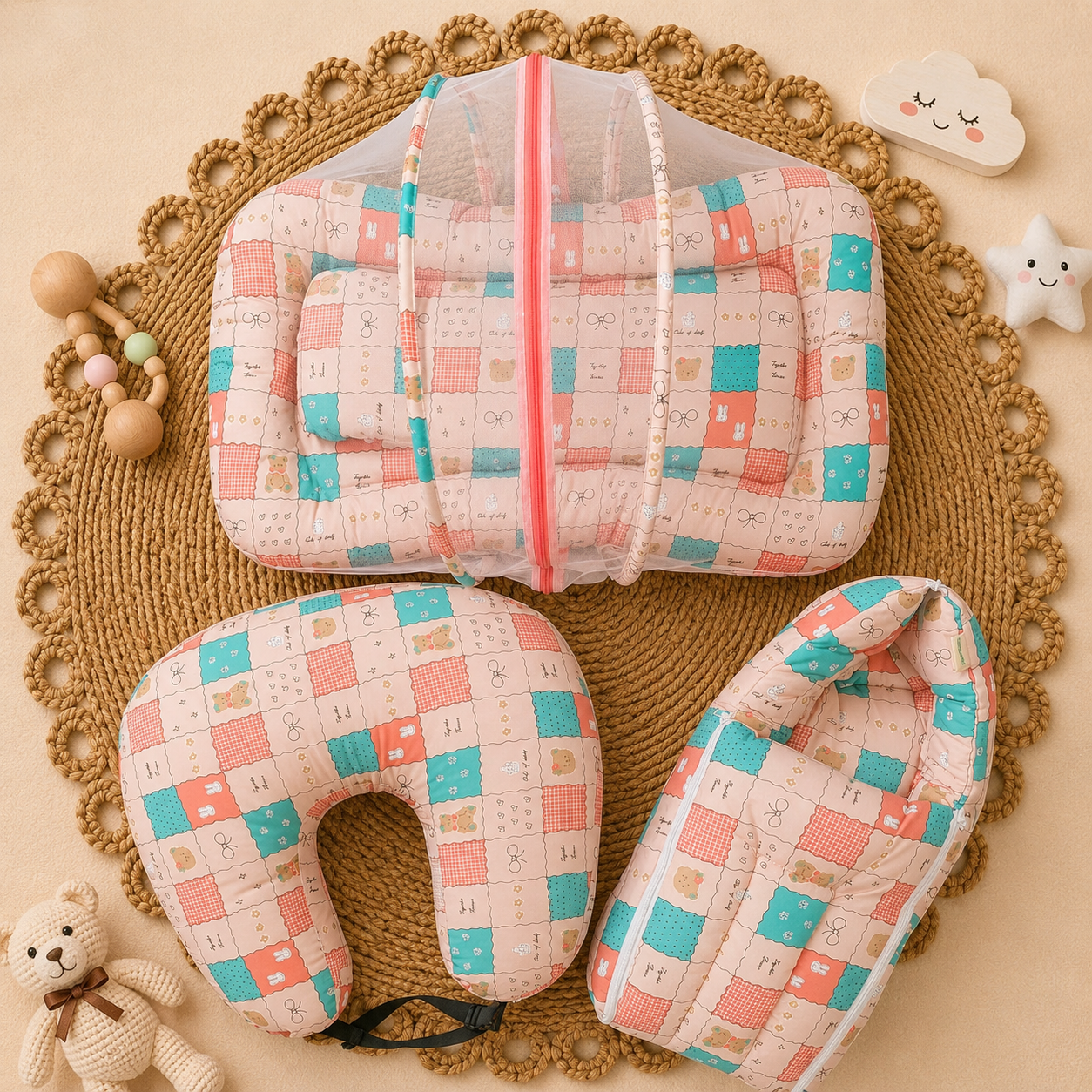 premium 3 pcs combo set – cotton carry bed, mosquito net bed & feeding pillow-Mutli Prints