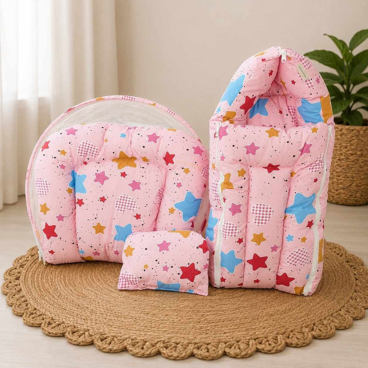 Premium 2 Pcs Combo Cotton Carry Bed & Cotton Net Bed for Newborn Baby-PINK STARS