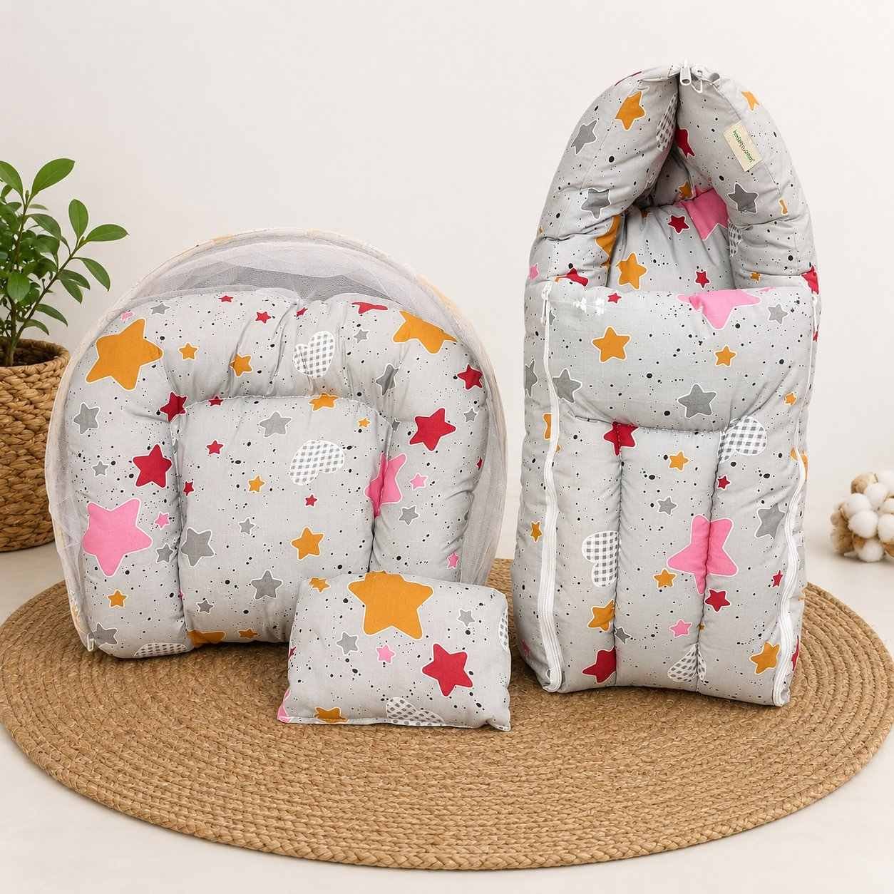 premium 2 pcs combo cotton carry bed & cotton net bed for newborn baby-GREY STAR