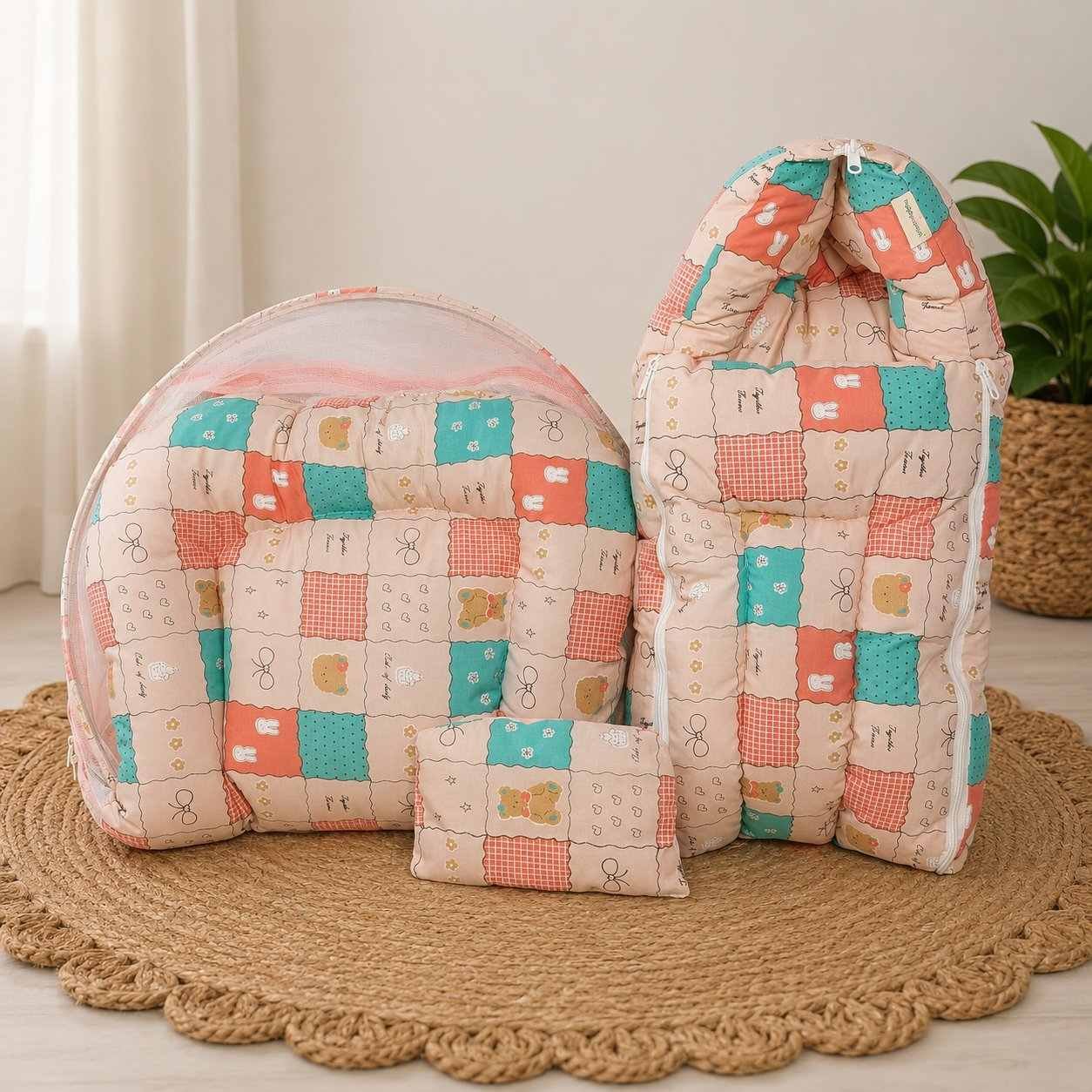 premium 2 pcs combo cotton carry bed & cotton net bed for newborn baby-MULTI PRINTS