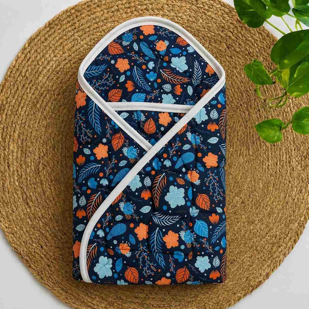 premium soft baby printed wrapper with one small size dry sheet free- Navy Blue with Multi Leafs code:nbe,knit