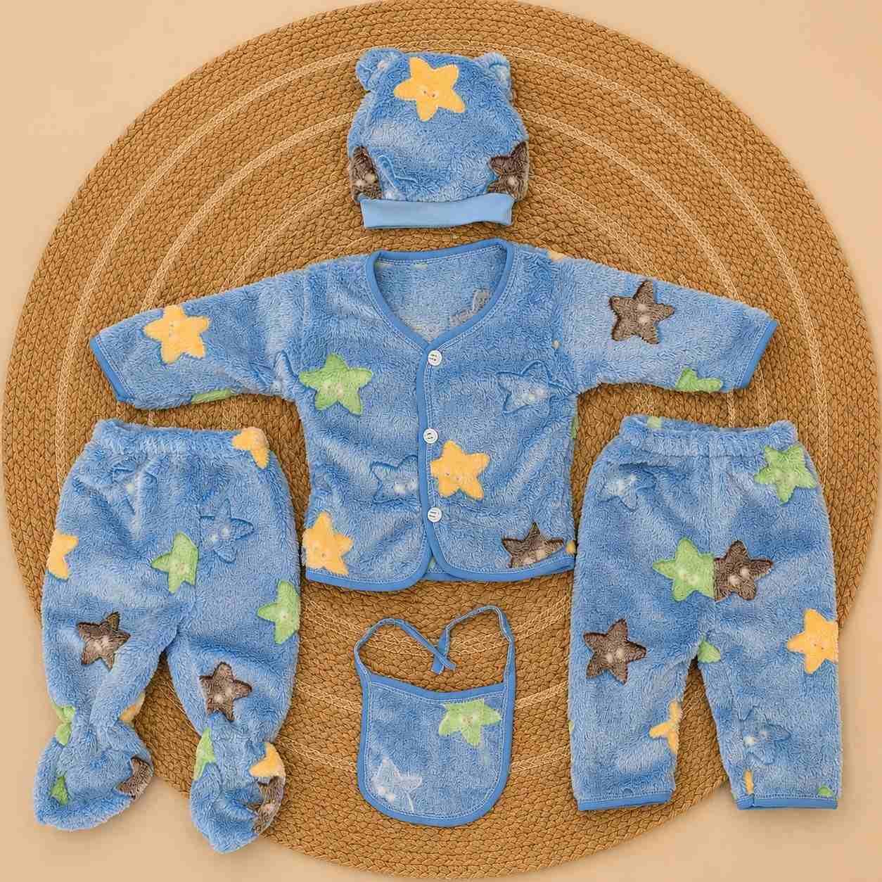 5 Pcs Soft Fleece Winter Set for Newborn Baby 0-6 Months-Blue Star