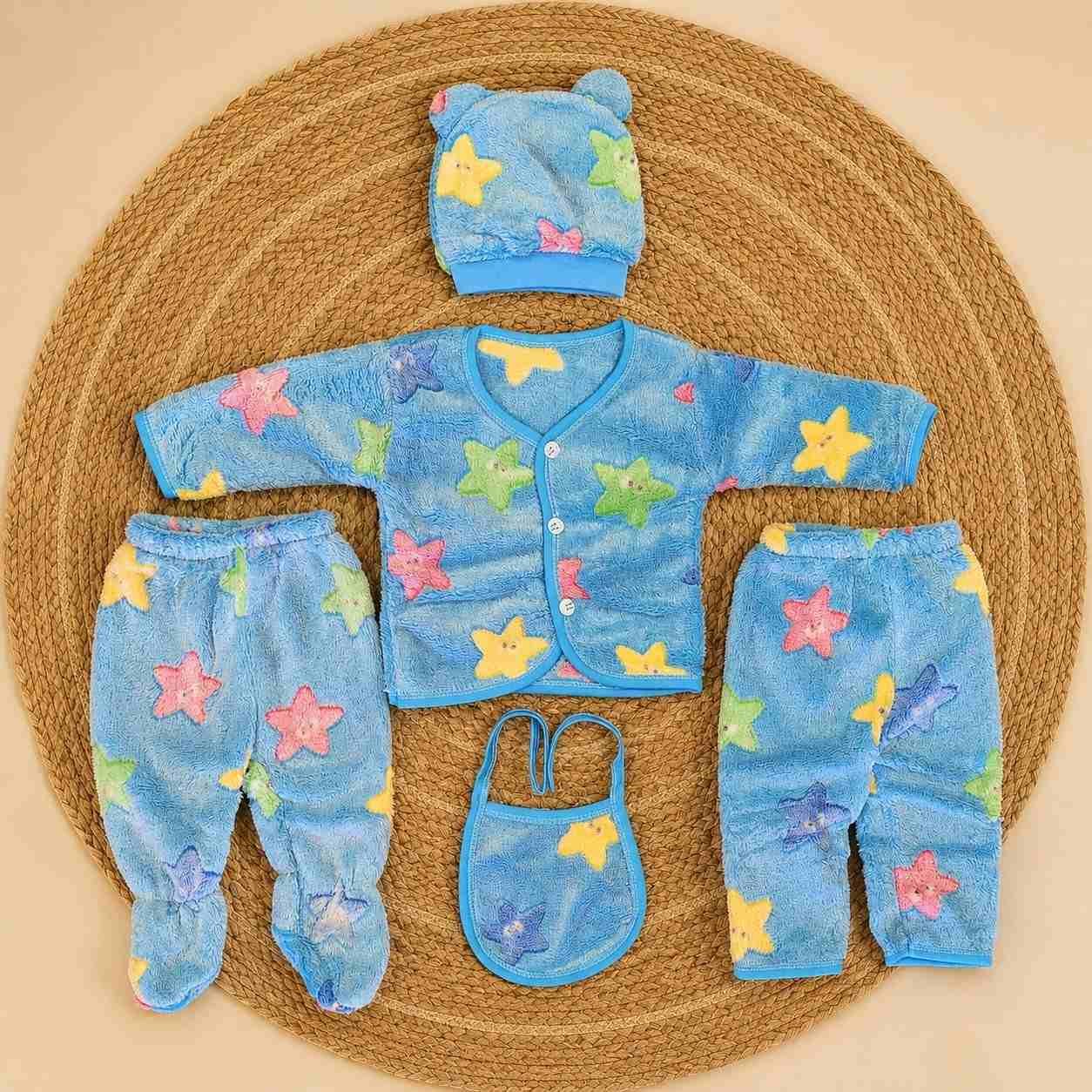 5 pcs soft fleece winter set for newborn baby 0-6 months -Sky blue star