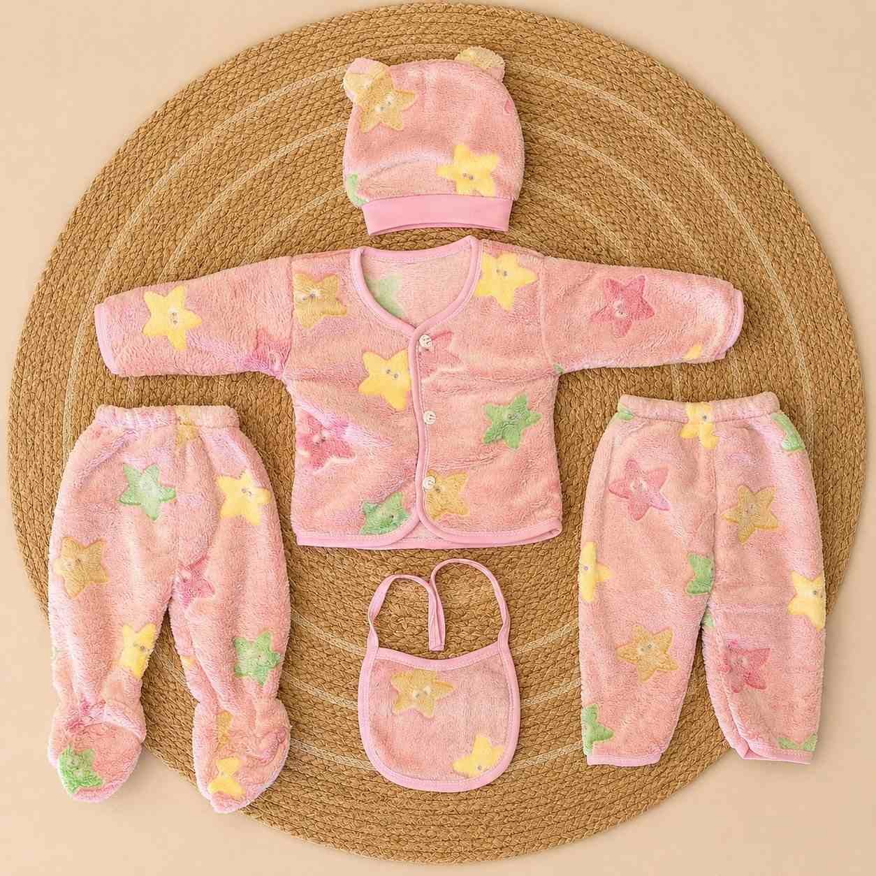 5 pcs soft fleece winter set for newborn baby 0-6 months-Pink Star