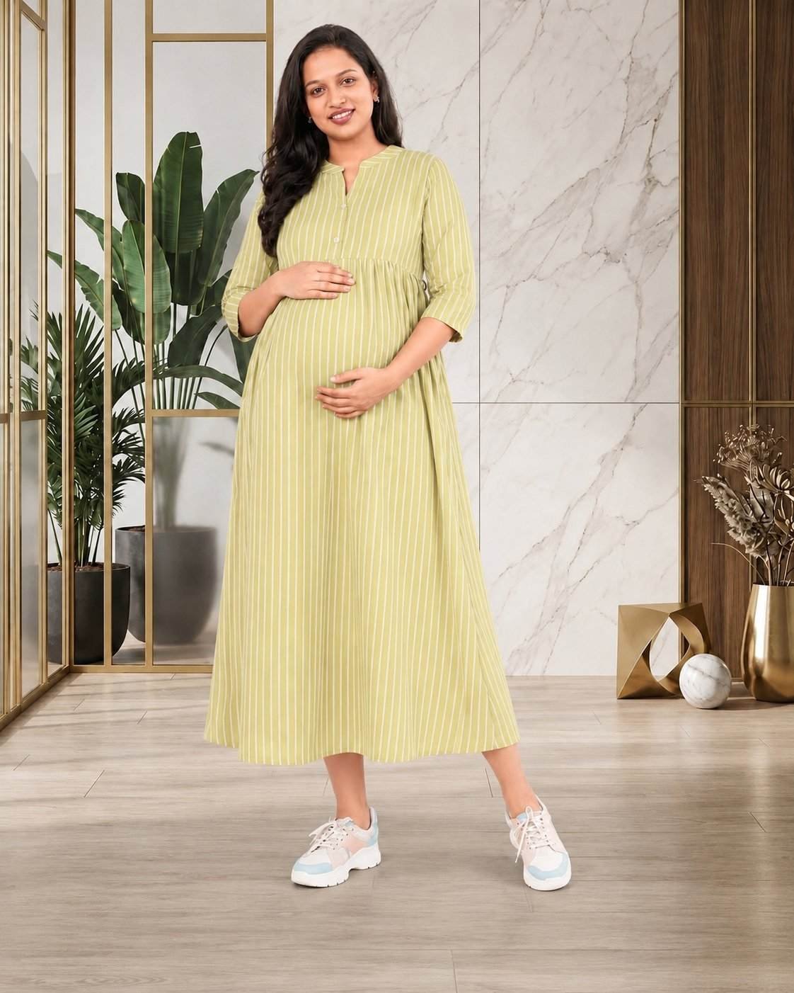 Premium Cotton Lime Green Striped Maternity Dress for Pregnancy