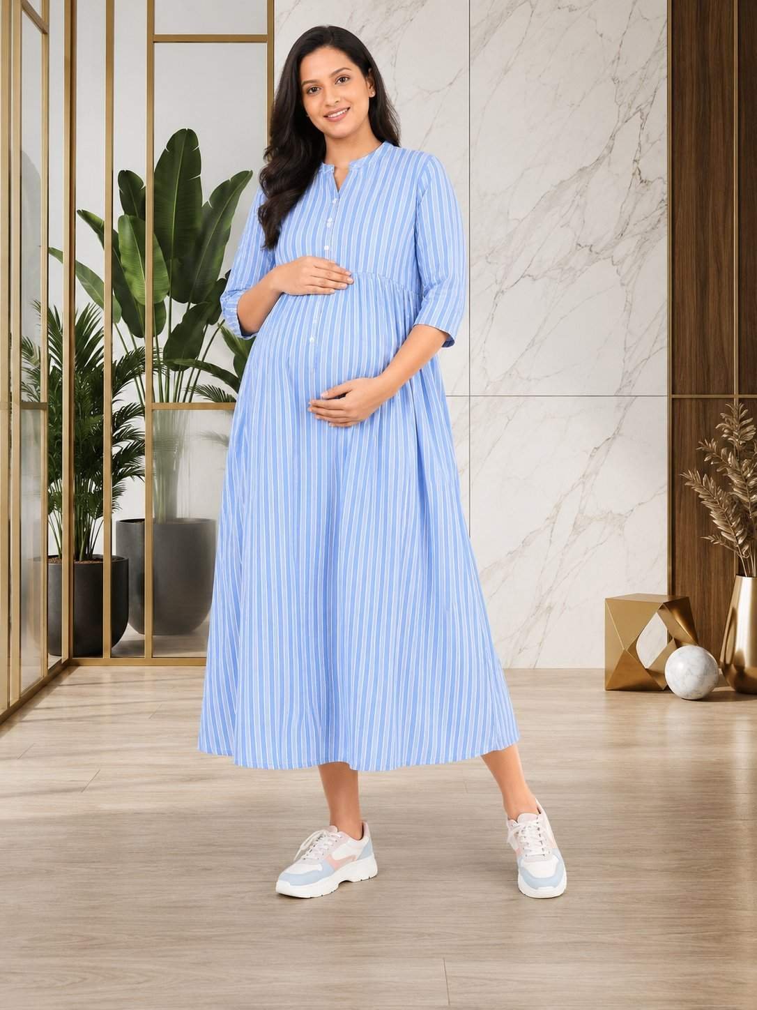 premium cotton Sky Blue striped maternity dress for pregnancy