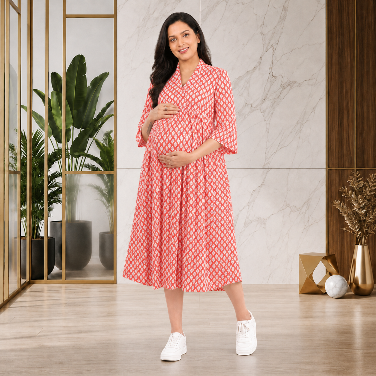Premium Cotton Feeding Dress with V-Neck Shawl Collar-Orange with White Leaf