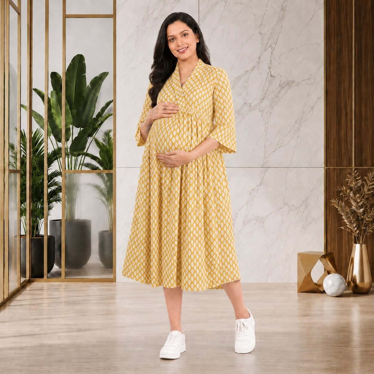 premium cotton feeding dress with v-neck shawl collar-Yellow with white leaf