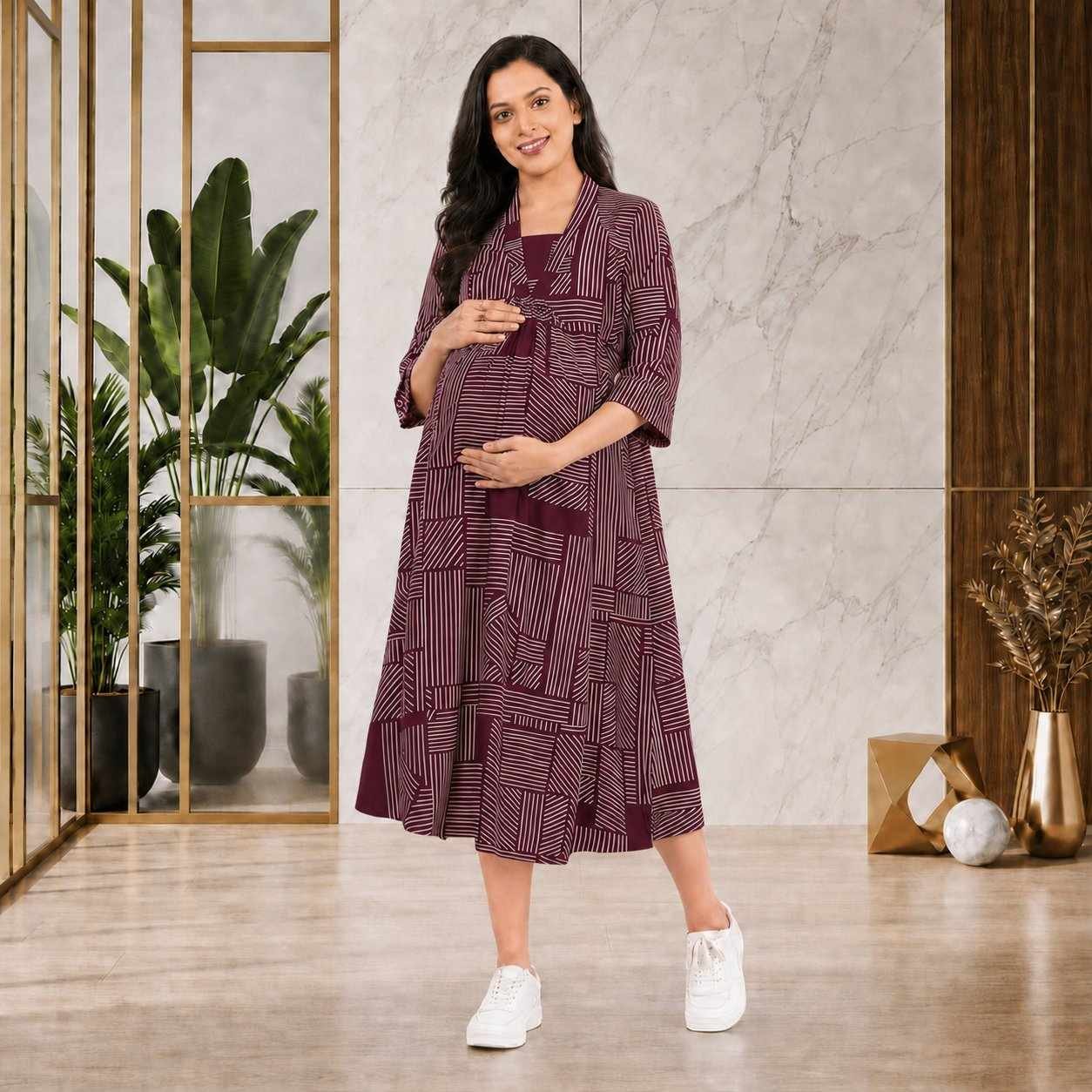 premium cotton feeding dress with v-neck shawl collar-Dark Maroon