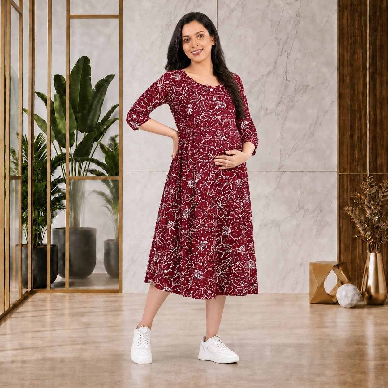 Premium Maroon Floral Feeding Dress for Pregnancy & Nursing