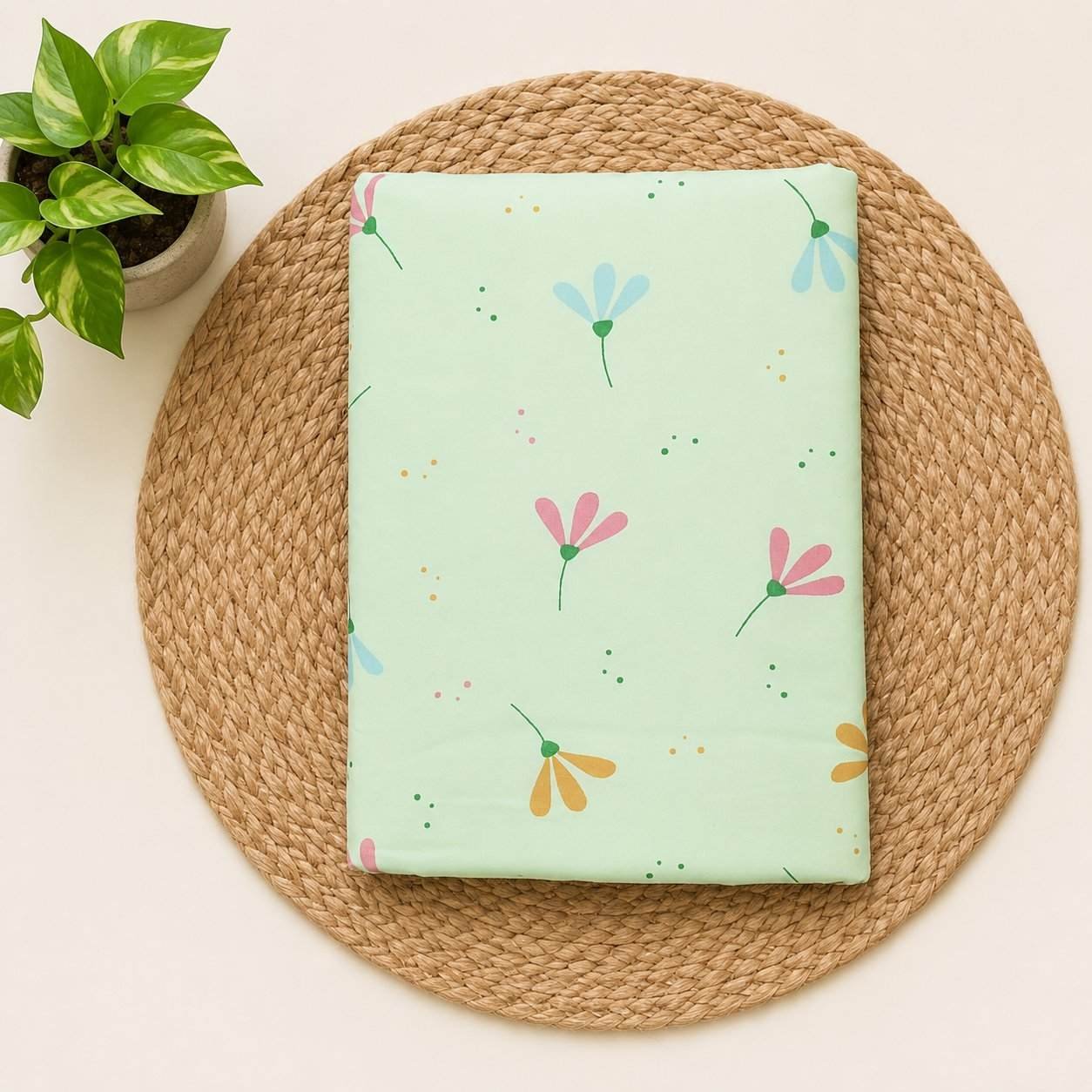 Small 100% organic cotton baby mattress protector sheet 60x80cm -code:nbe -GREEN FLORALS