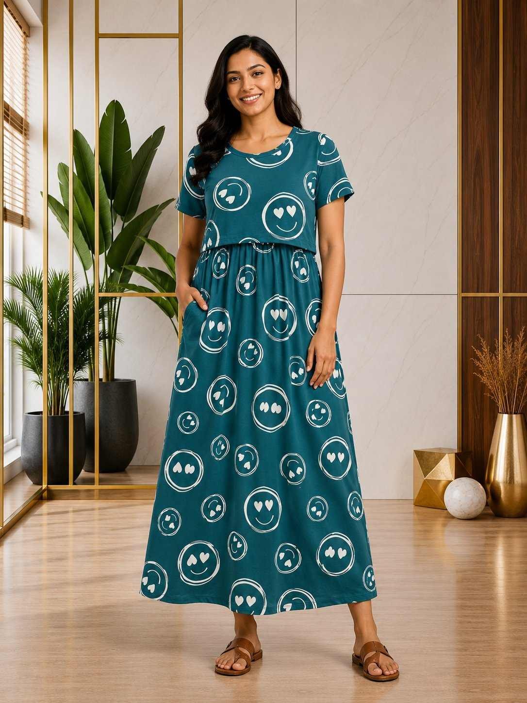 165-175 Gsmpremium Quality Pure Knitted Cotton Feeding Lounge Wear Zipless Type-GREEN WITH  SMILEY
