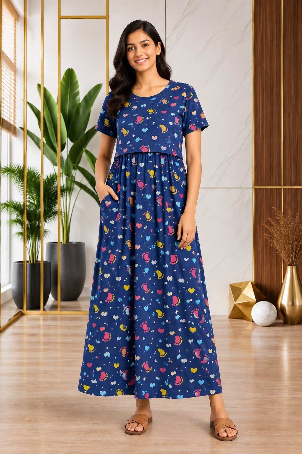 165-175 gsmpremium quality pure knitted cotton feeding lounge wear zipless type-NAVY BABY FOOT PRINTS