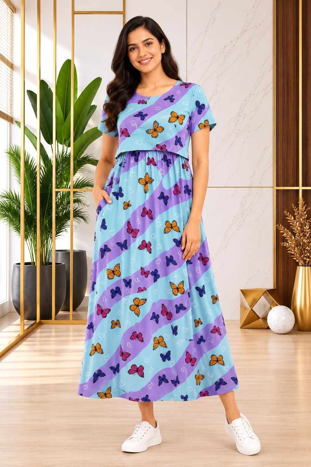 165-175 gsmpremium quality pure knitted cotton feeding lounge wear zipless type-PURPLE-BLUE BUTTERFLY