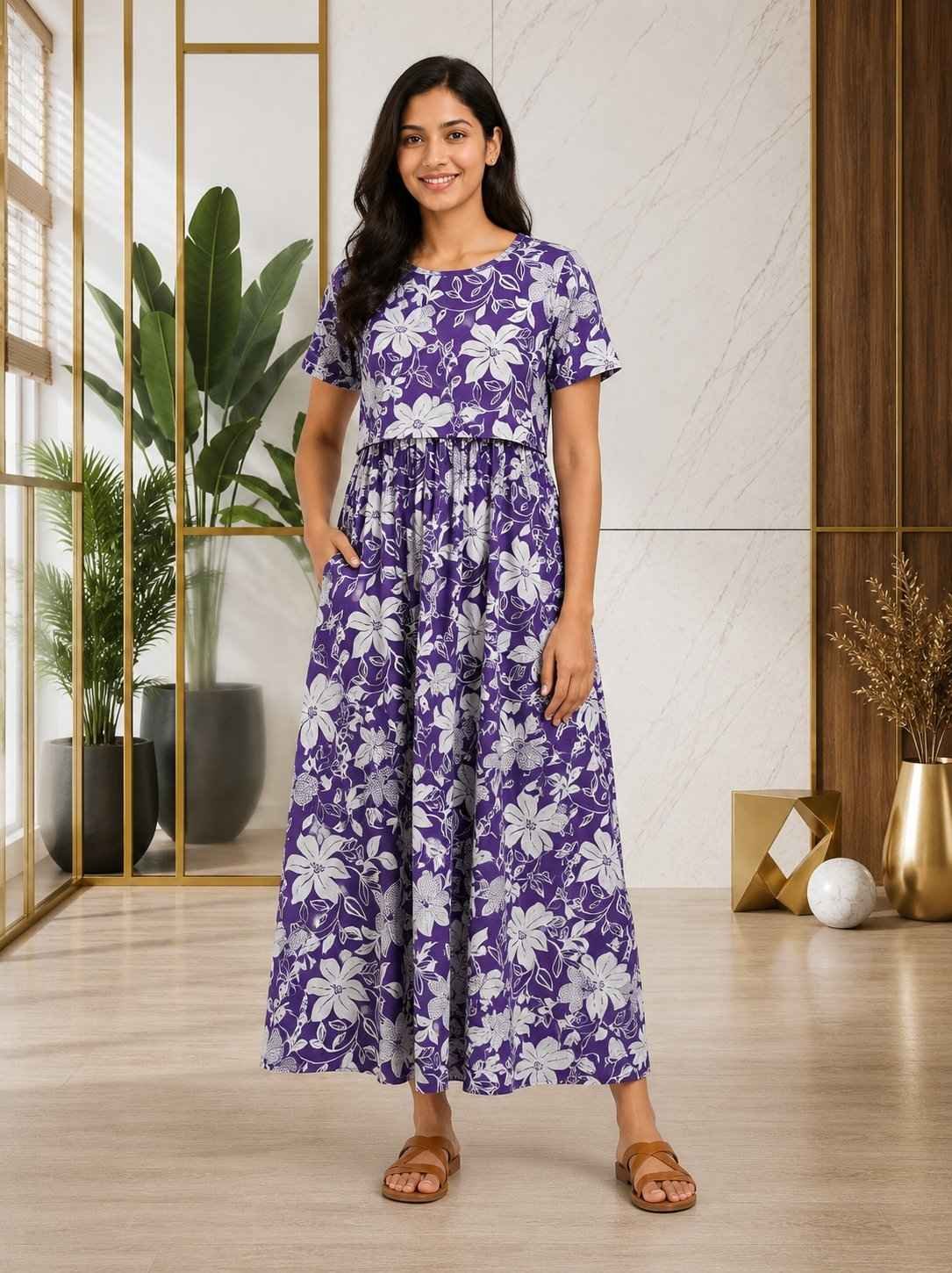 165-175 gsmpremium quality pure knitted cotton feeding lounge wear zipless type-LAVANDER WITH WHITE FLORAL
