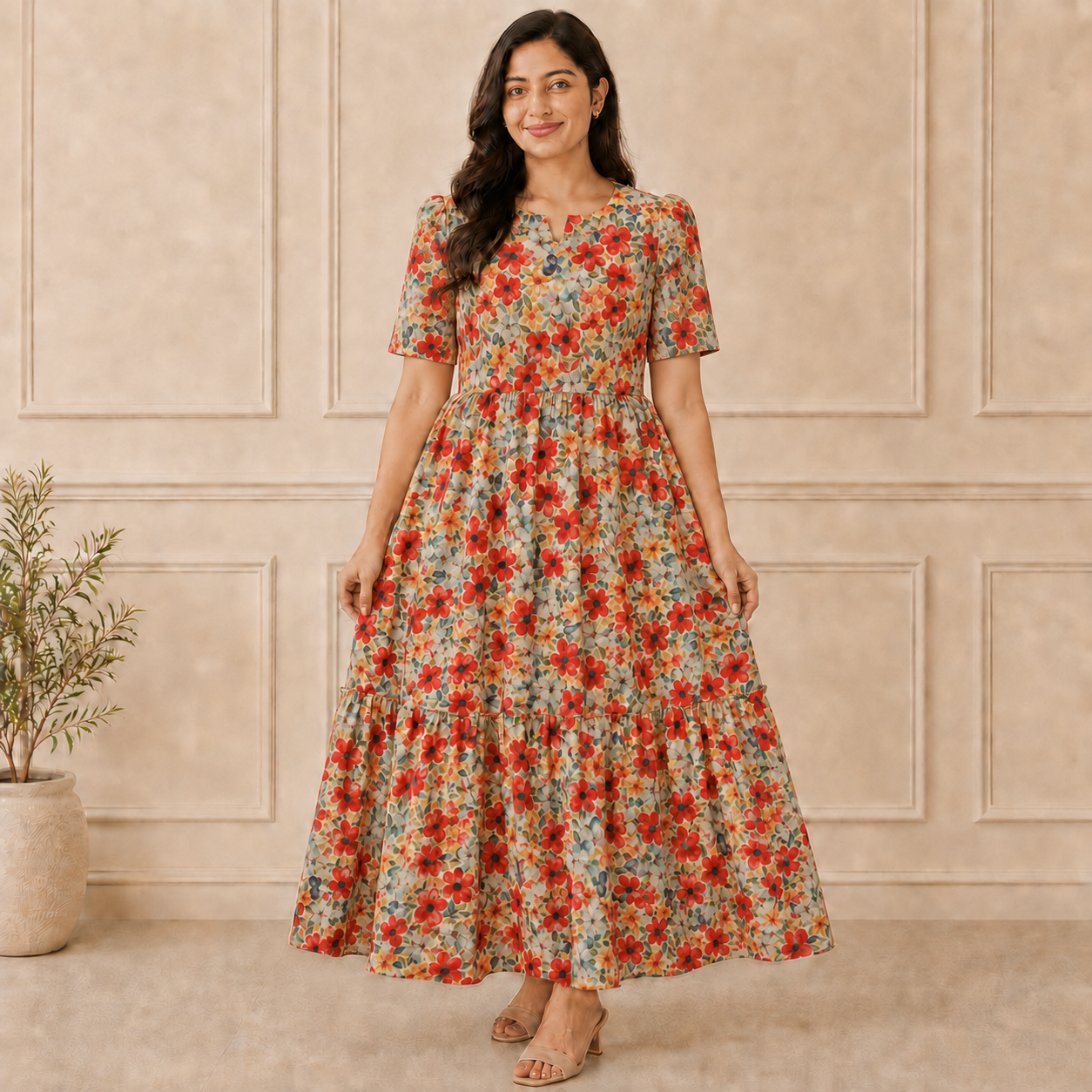 Premium cotton Multi Floral Prints Feeding Dress with waist flap conceals the zip closure